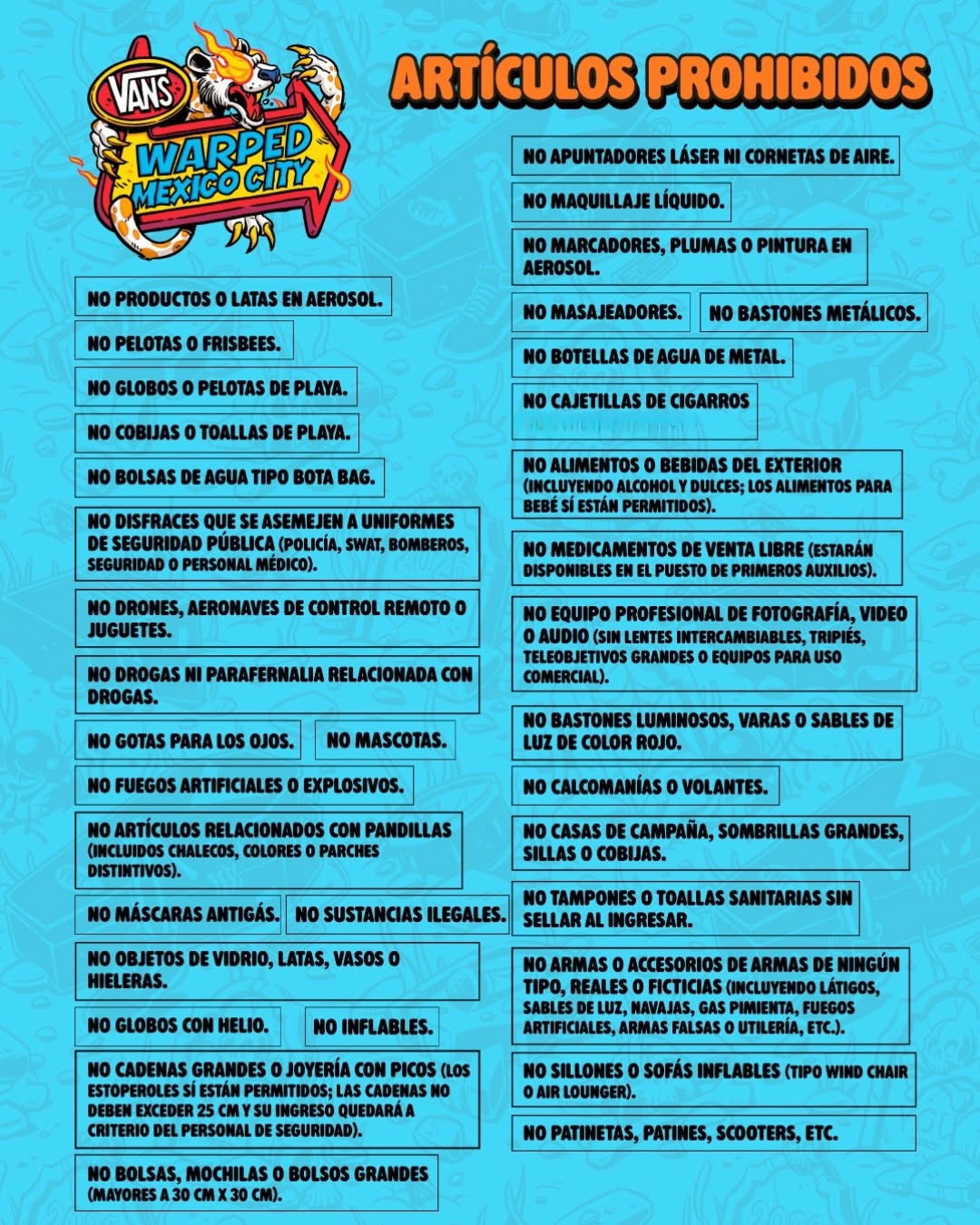 Artículos prohibidos en el Vans Warped Tour México